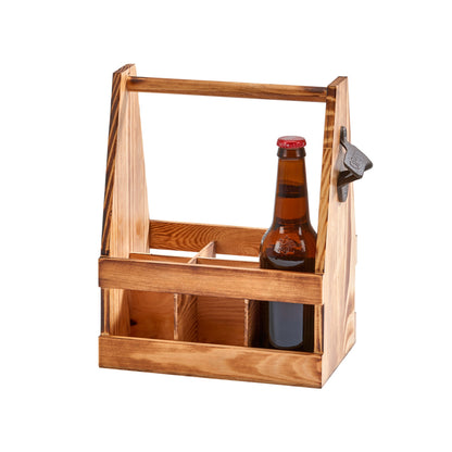 Light Wood 6 Bottle Beverage Caddy with Opener