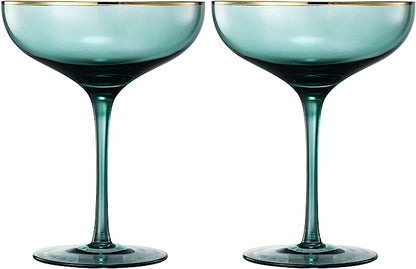 Green & Gilded Rim Wine Glassware, Set of 2