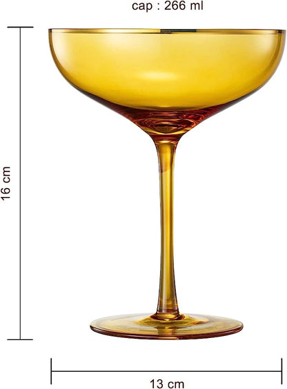 Sunset Yellow & Gilded Rim Coupe Glass, Set of 2