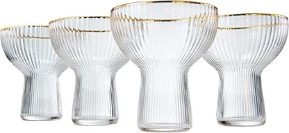 Ribbed Stemless Margarita Glasses with Gold Rim - Set of 4