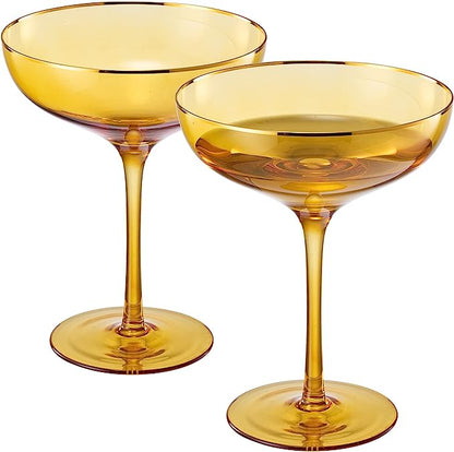 Sunset Yellow & Gilded Rim Coupe Glass, Set of 2