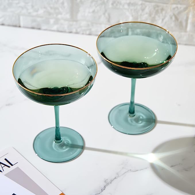 Green & Gilded Rim Wine Glassware, Set of 2