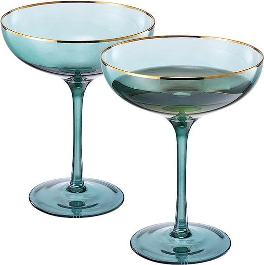 Green & Gilded Rim Wine Glassware, Set of 2