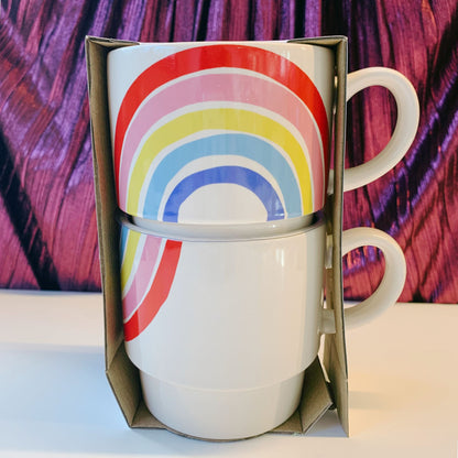 70s Rainbow Stacking Mug Set of 2 | Vintage Style GIftable 14 oz Mugs in Painted Ceramic