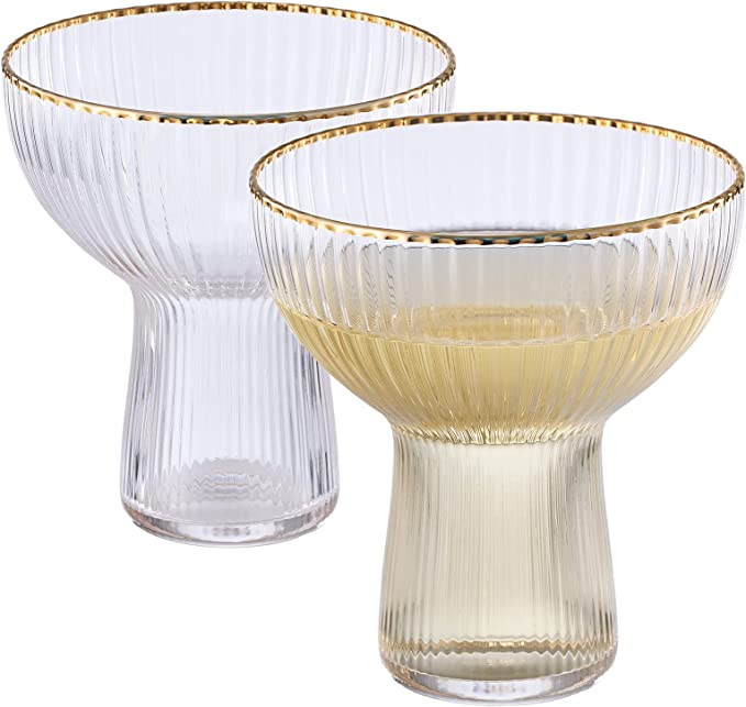 Ribbed Stemless Cocktial Glasses with Gold Rim - Set of 2 - Hand Blown