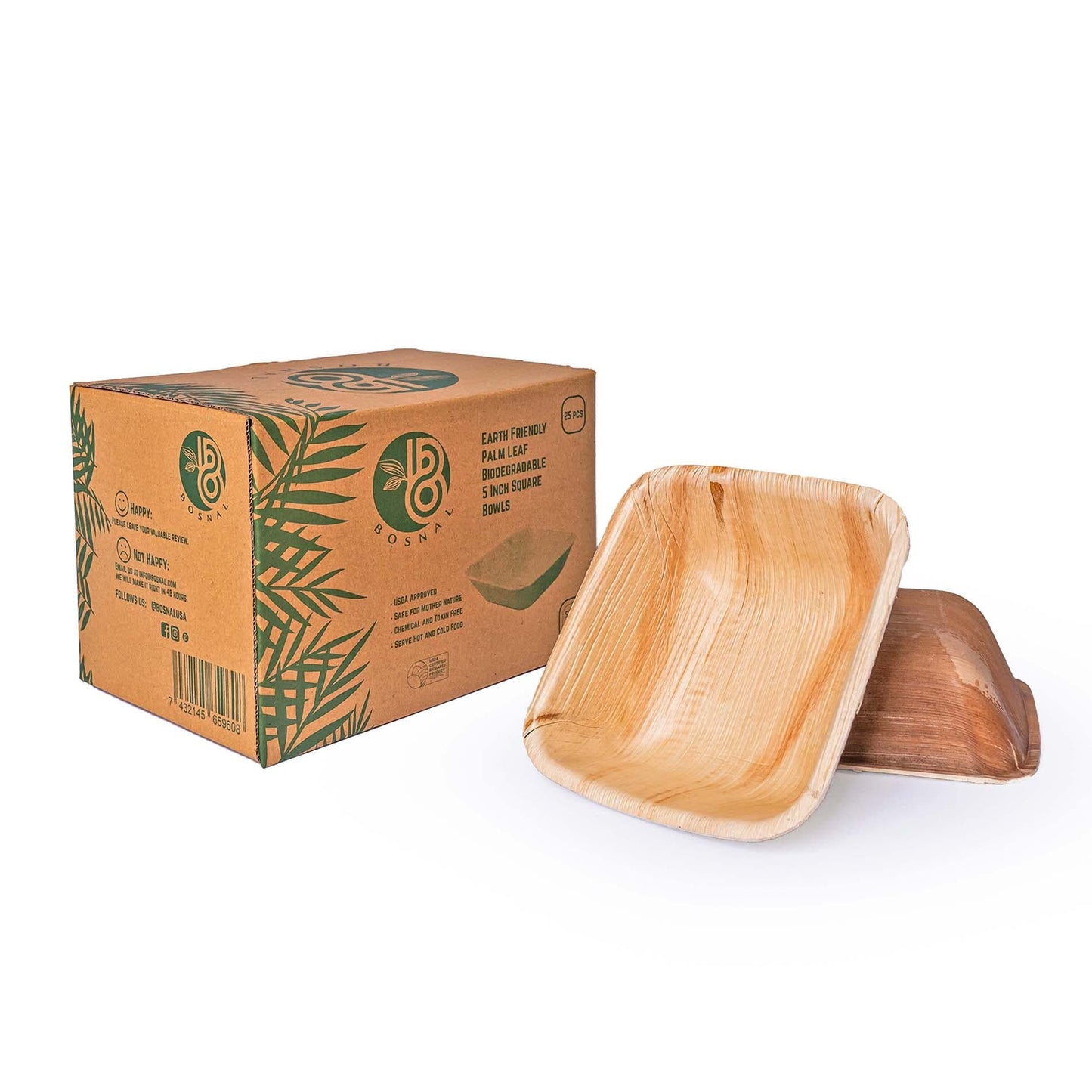 Bosnal - Palm Leaf Biodegradable Bowls, 5 inch, Square, 25 Pcs-0
