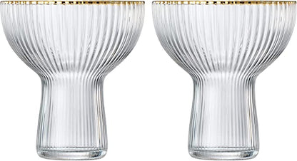 Ribbed Stemless Cocktial Glasses with Gold Rim - Set of 2 - Hand Blown