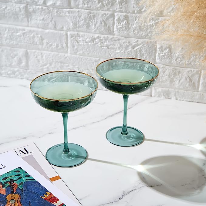 Green & Gilded Rim Wine Glassware, Set of 2