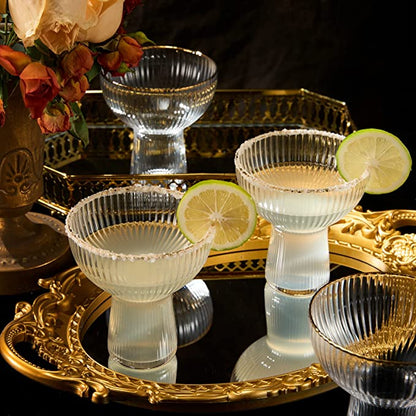 Ribbed Stemless Margarita Glasses with Gold Rim - Set of 4