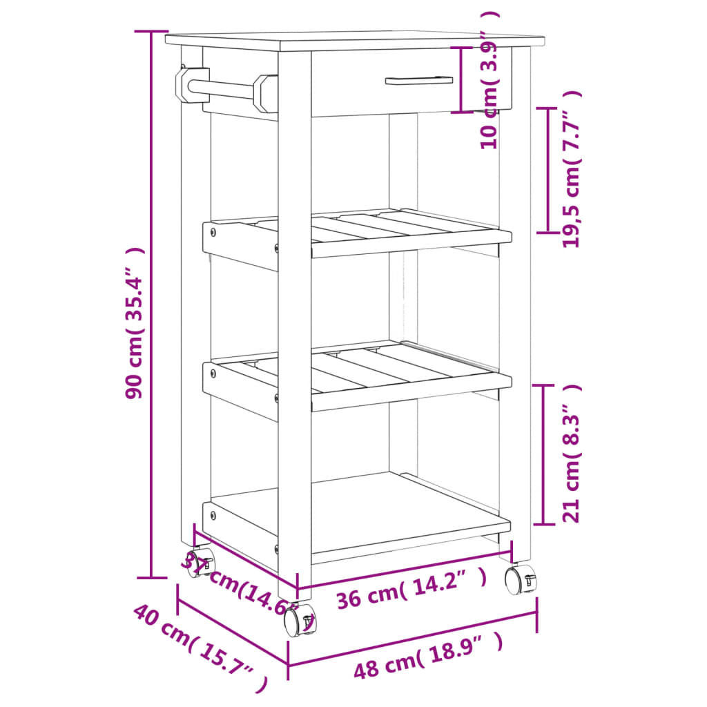 vidaXL Kitchen Trolley MONZA 18.9"x15.7"x35.4" Solid Wood Pine-9