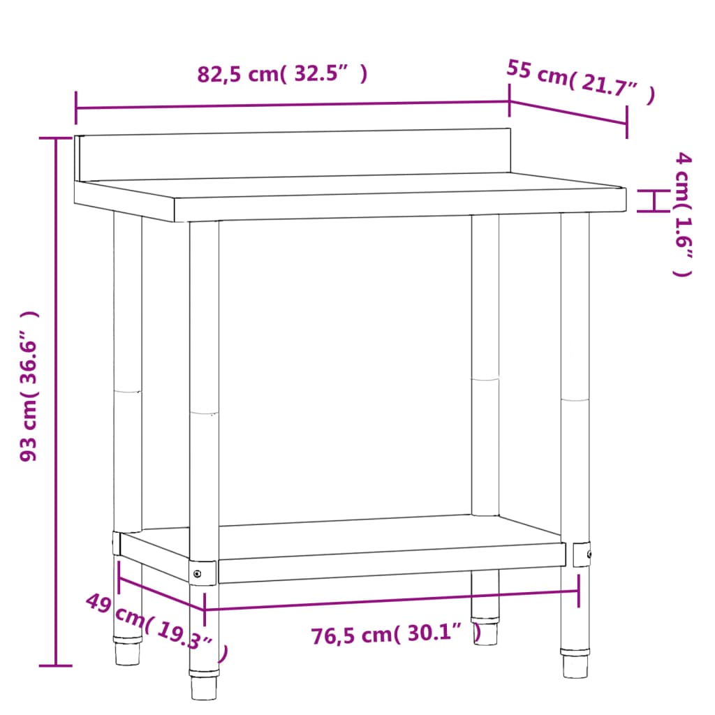 vidaXL Kitchen Work Table with Backsplash 21.7"x21.7"x36.6" Stainless Steel-8