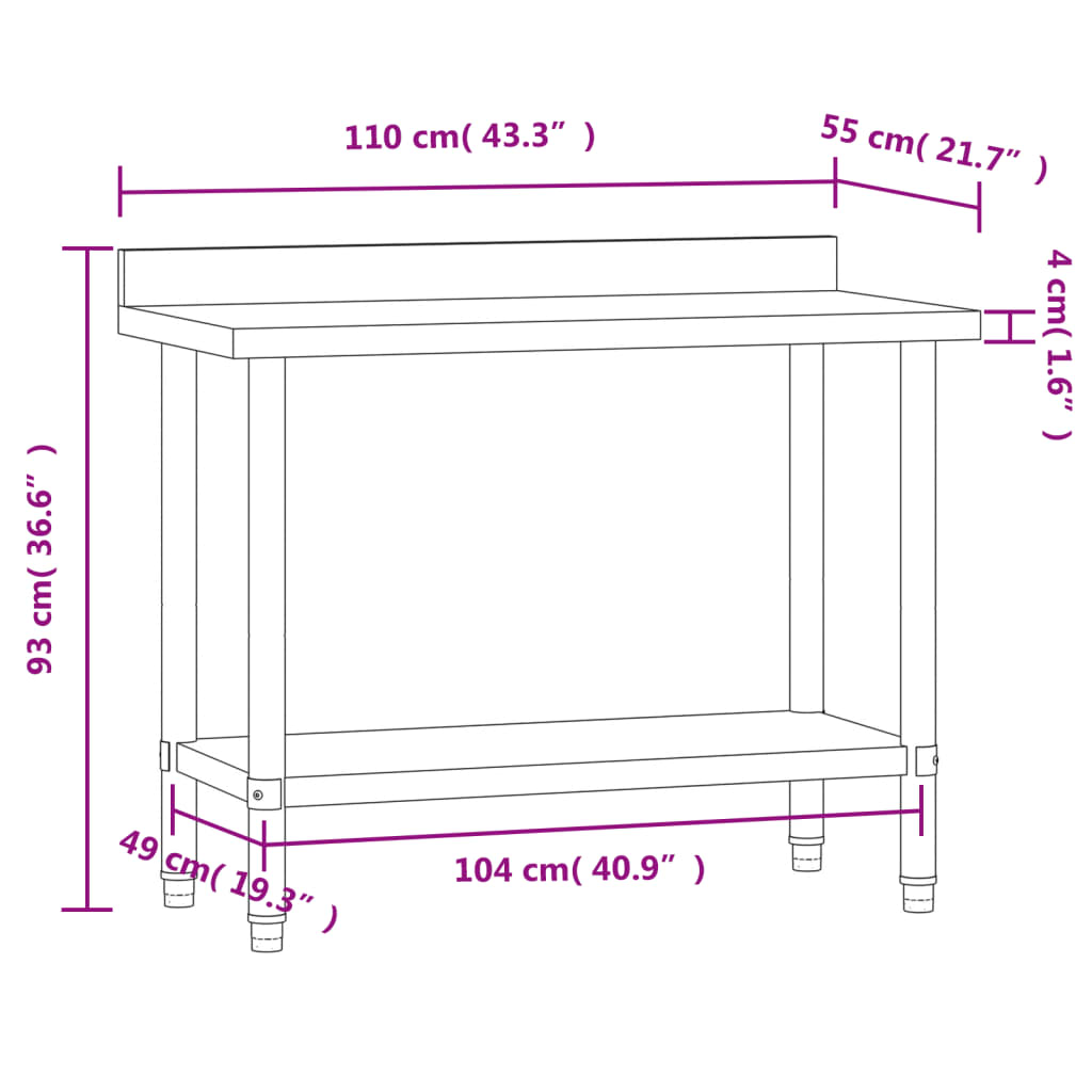 vidaXL Kitchen Work Table with Backsplash 21.7"x21.7"x36.6" Stainless Steel-4