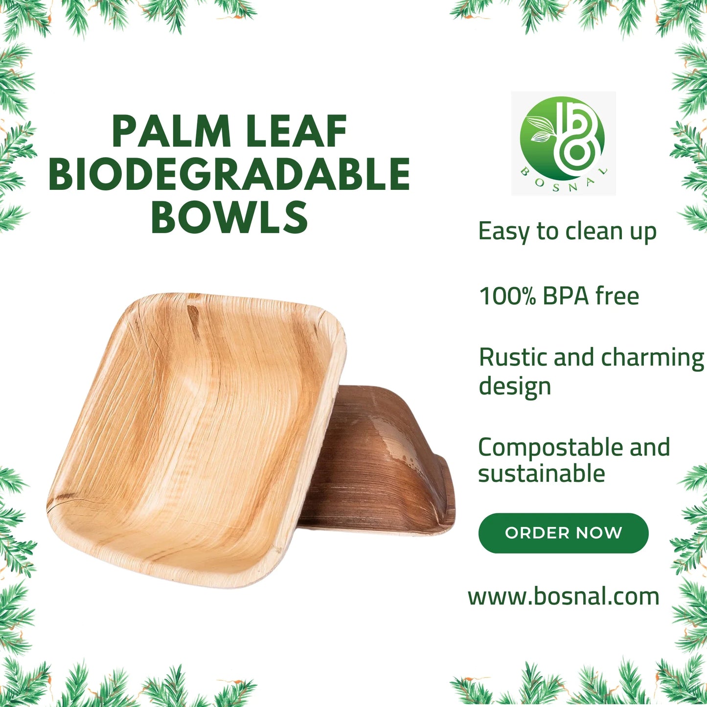 Bosnal - Palm Leaf Biodegradable Bowls, 5 inch, Square, 25 Pcs-3