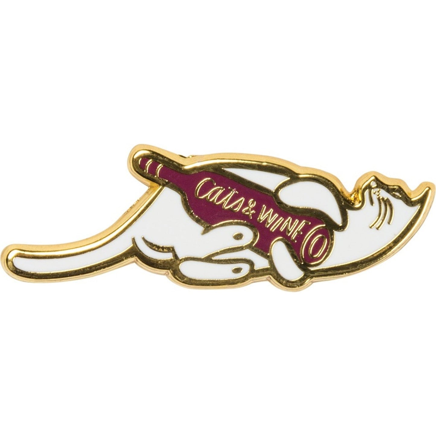 Cats and Wine Make Everything Fine Enamel Pin in Purplish Red and Gold