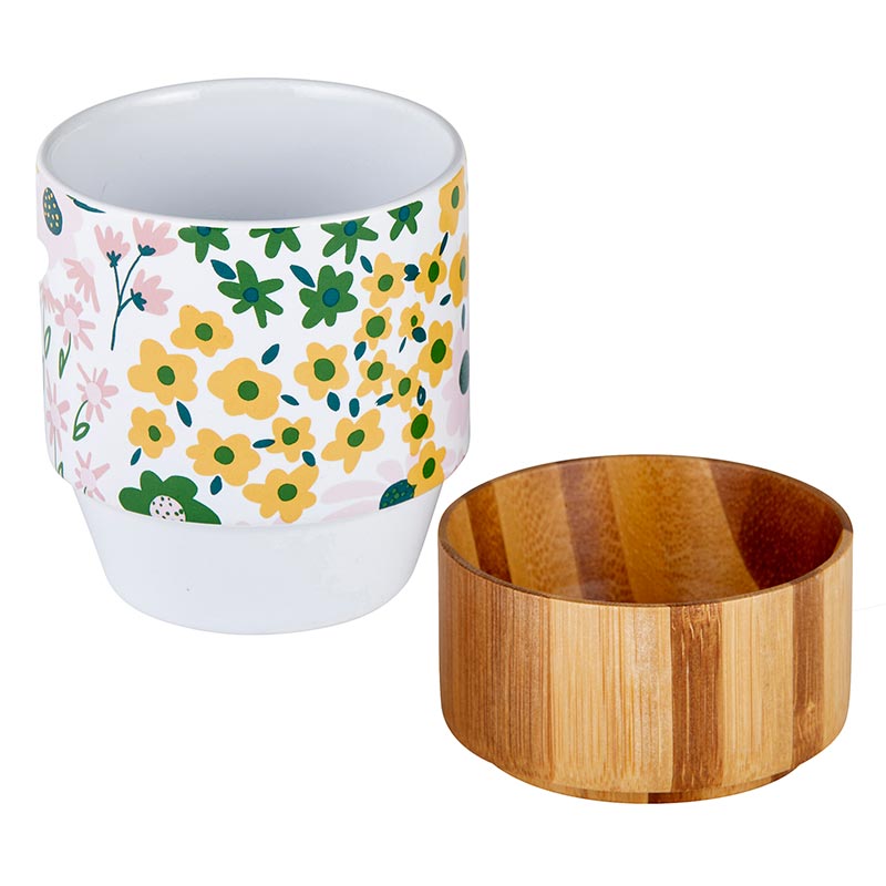 Floral Ceramic Mug with Bamboo Base