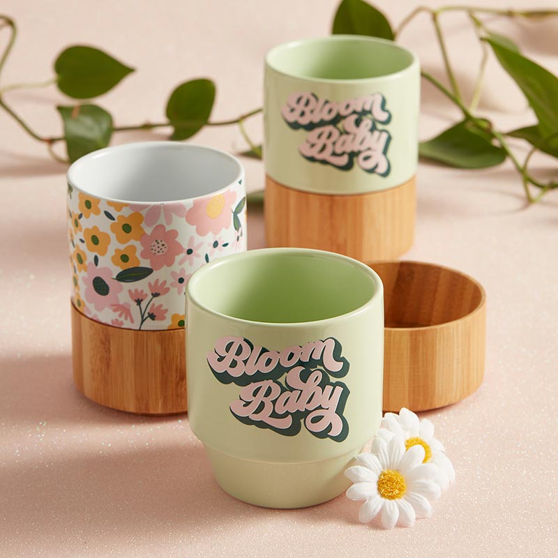 Floral Ceramic Mug with Bamboo Base