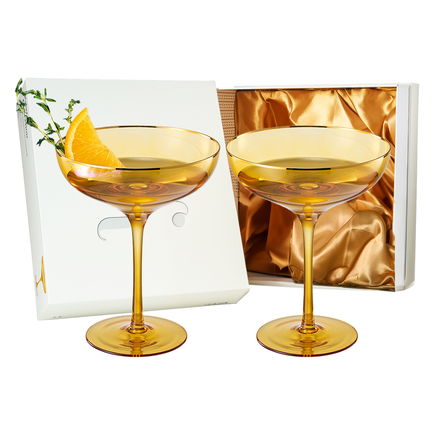 Sunset Yellow & Gilded Rim Coupe Glass, Set of 2