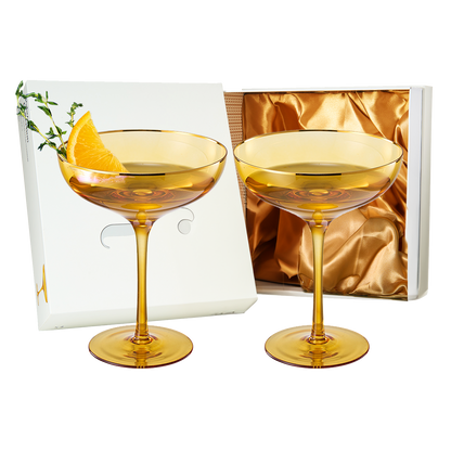 Sunset Yellow & Gilded Rim Coupe Glass, Set of 2