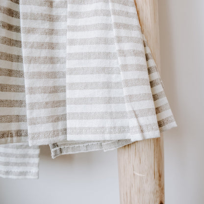 Tan Striped Tea Towel with Ruffle by Sweet Water Decor