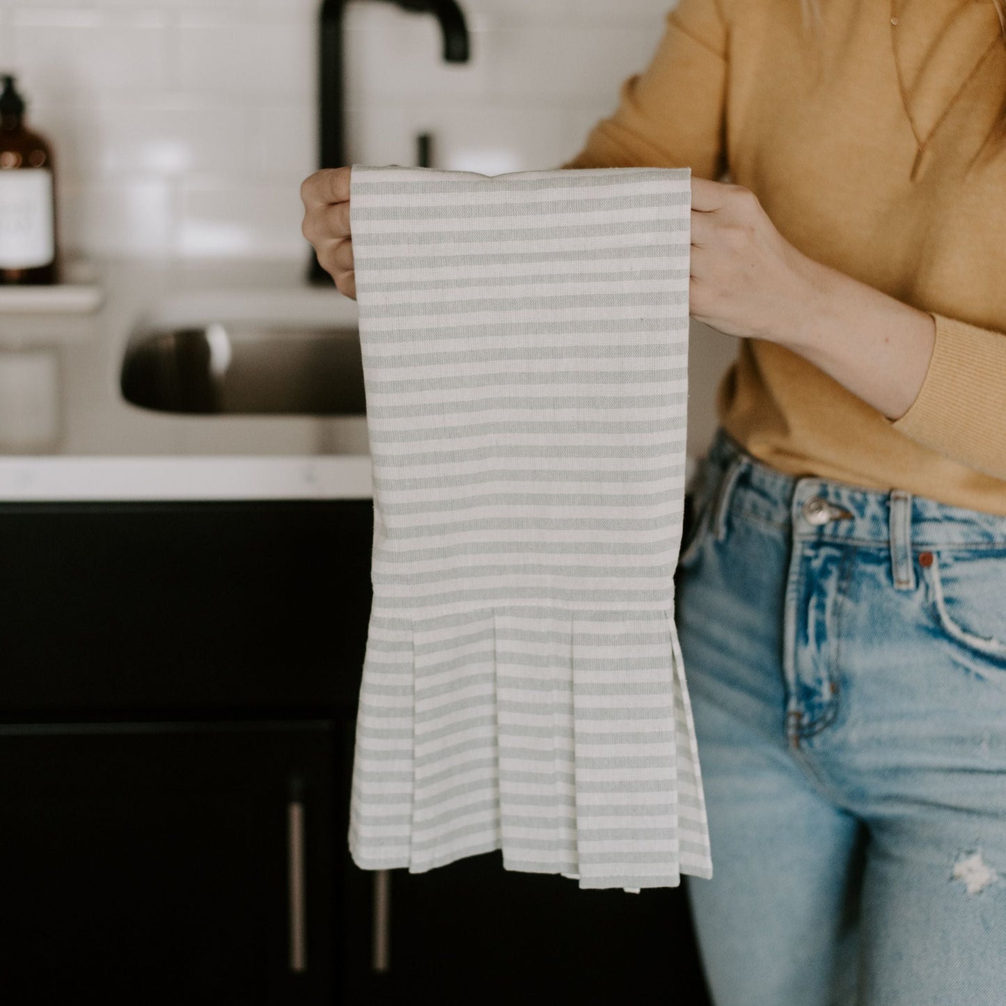 Grey Striped Tea Towel with Ruffle by Sweet Water Decor