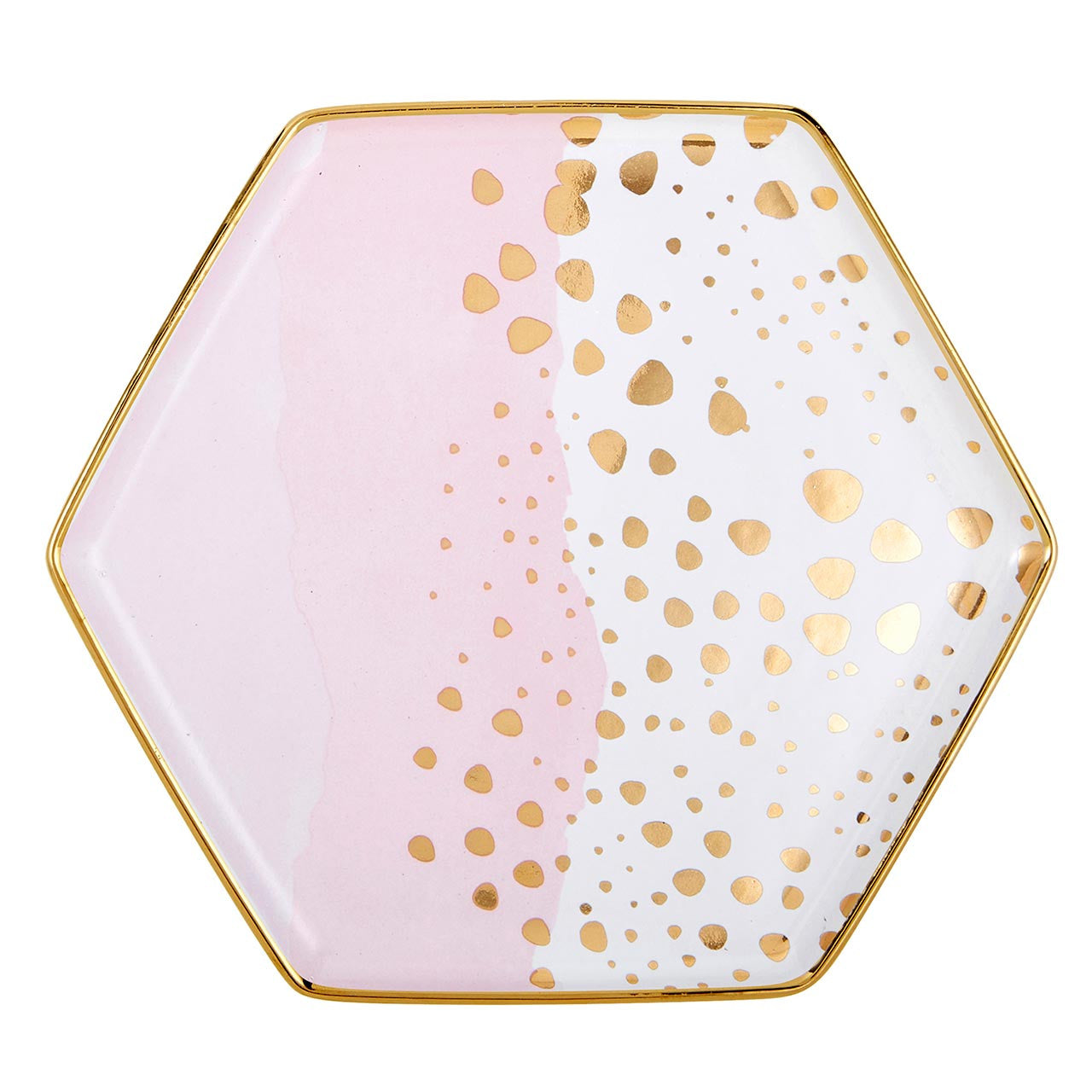 Homebody Hexagon Mug and Saucer Set in Pink with Gold Dot Pattern