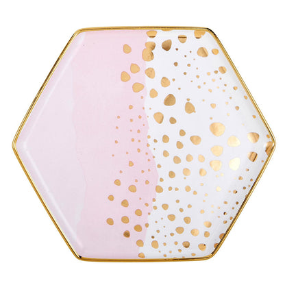 Homebody Hexagon Mug and Saucer Set in Pink with Gold Dot Pattern