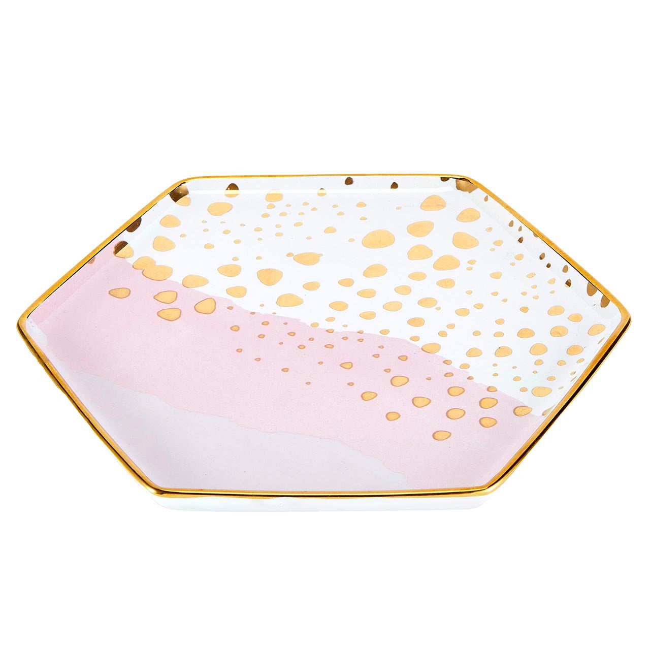 Homebody Hexagon Mug and Saucer Set in Pink with Gold Dot Pattern