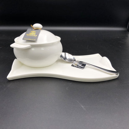 Individual Baking Pot With A Soup Spoon And Curved Serving Dish Set For 1-1