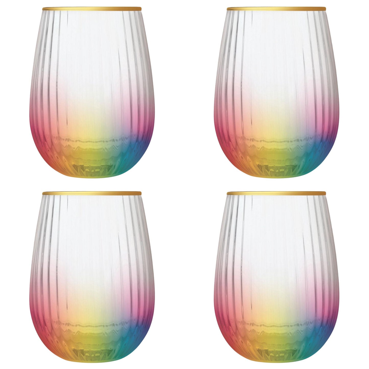 Set of 4 Rainbow Beveled Stemless Wine Glass | 19 oz.