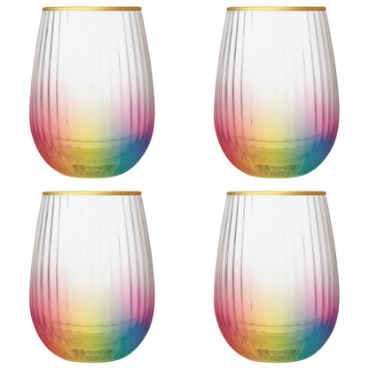 Set of 4 Rainbow Beveled Stemless Wine Glass | 19 oz.