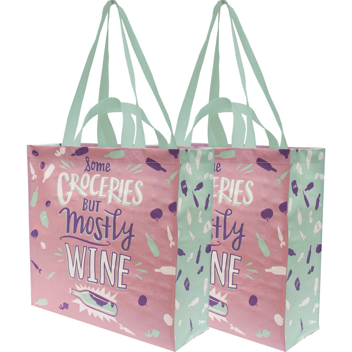 Some Groceries But Mostly Wine Large Market Tote Bag in Pink and Blue | 15.50" x 15.25" x 6"