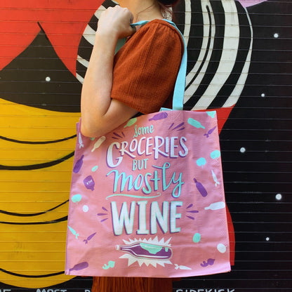 Some Groceries But Mostly Wine Large Market Tote Bag in Pink and Blue | 15.50" x 15.25" x 6"