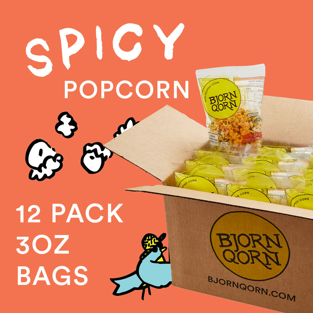 Bjorn Qorn Spicy Popcorn Bags - 12-Pack x 3oz Bags case by Farm2Me