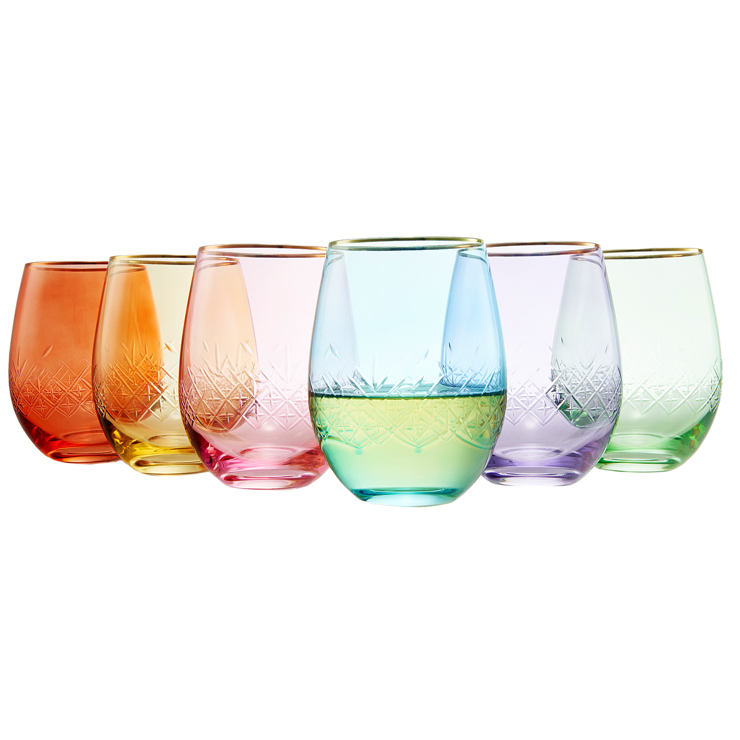 Vintage Crystal Colored Wine Gold Rim Glasses | Set of 6 | Gilded Art Deco 15 oz