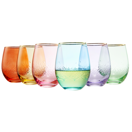 Vintage Crystal Colored Wine Gold Rim Glasses | Set of 6 | Gilded Art Deco 15 oz