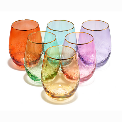 Vintage Crystal Colored Wine Gold Rim Glasses | Set of 6 | Gilded Art Deco 15 oz
