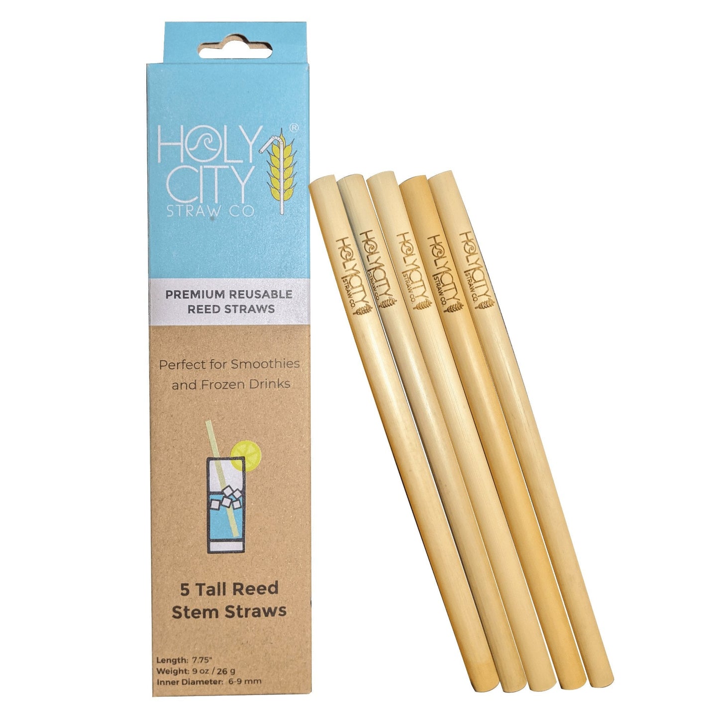 Holy City Straw Tall Premium Reusable Reed Straws - 5 ct box