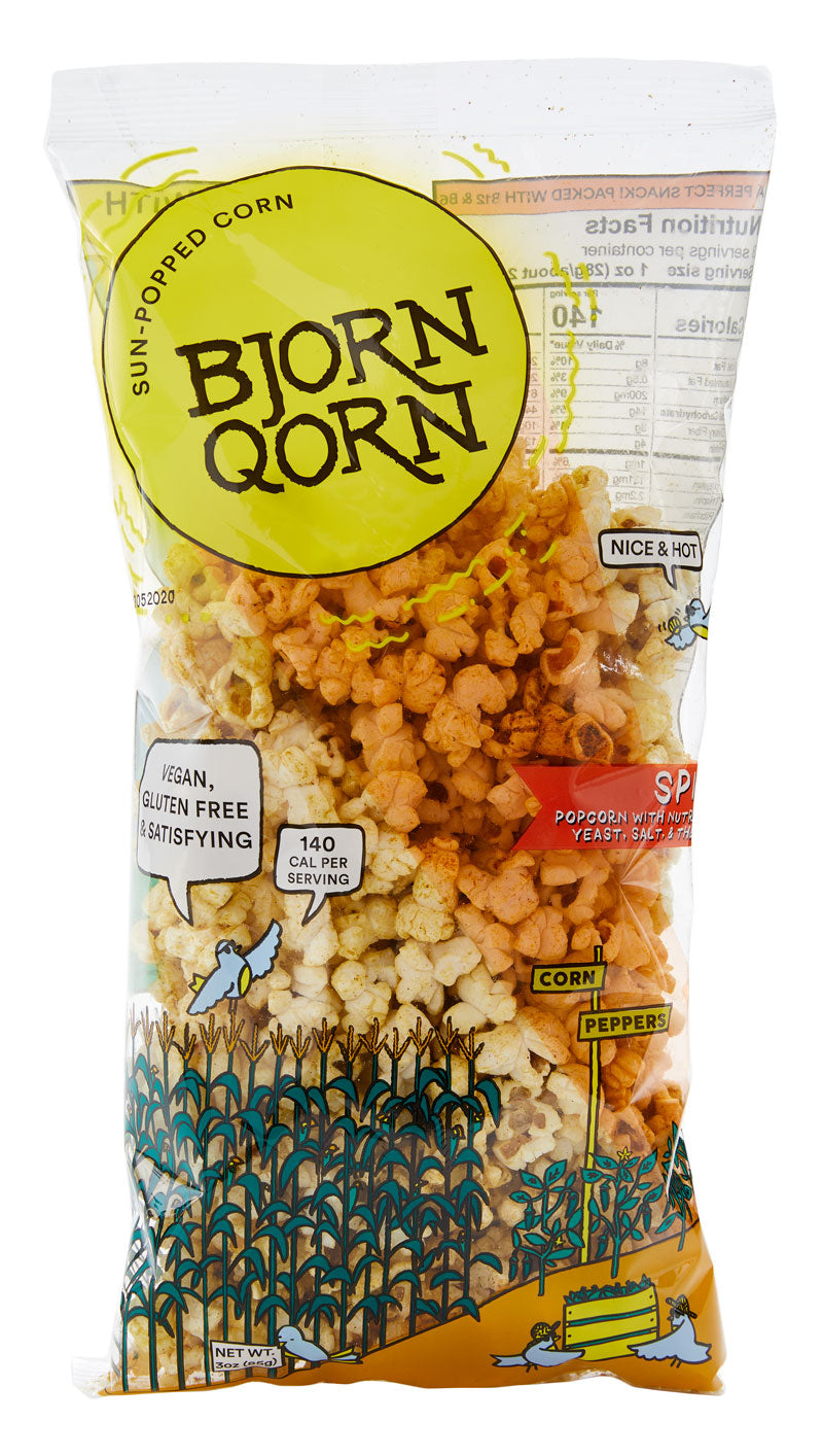 Bjorn Qorn Spicy Popcorn Bags - 12-Pack x 3oz Bags case by Farm2Me