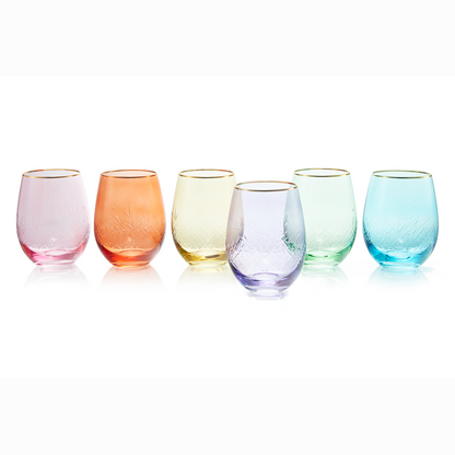 Vintage Crystal Colored Wine Gold Rim Glasses | Set of 6 | Gilded Art Deco 15 oz