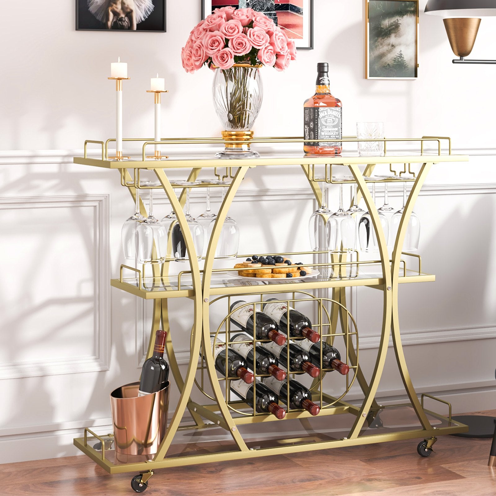 Triple Tier Gold Metal Bar Serving Cart -6