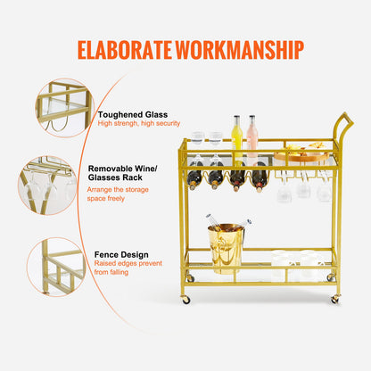 Two Tier Gold Metal Bar Serving Cart-3