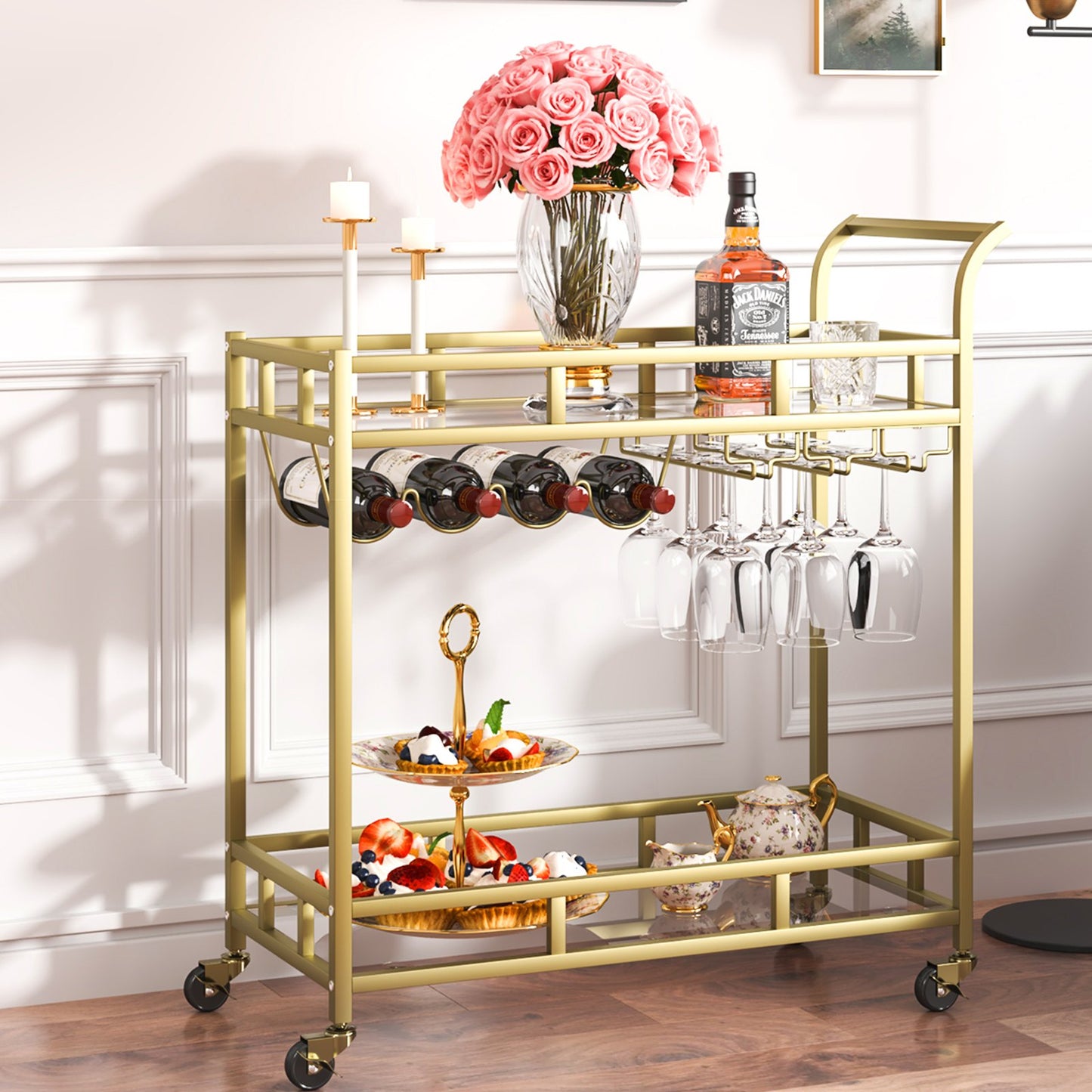 Two Tier Gold Metal Bar Serving Cart-6