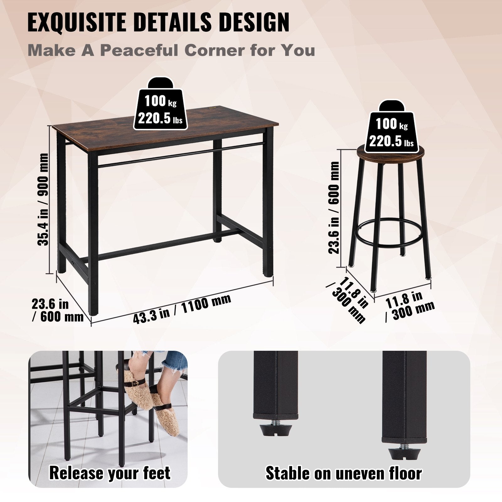 Bar Table and Chairs Set 43" -2