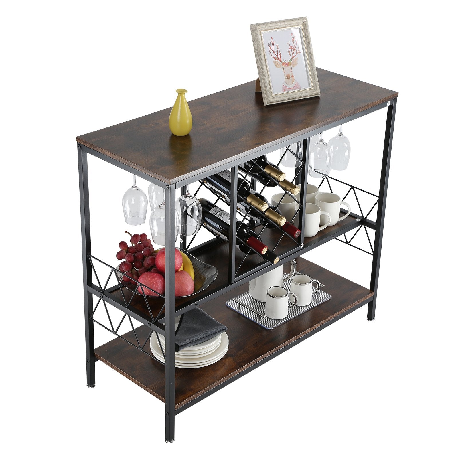 Industrial Bar Cabinet with Wine Rack & Glass Holder-3