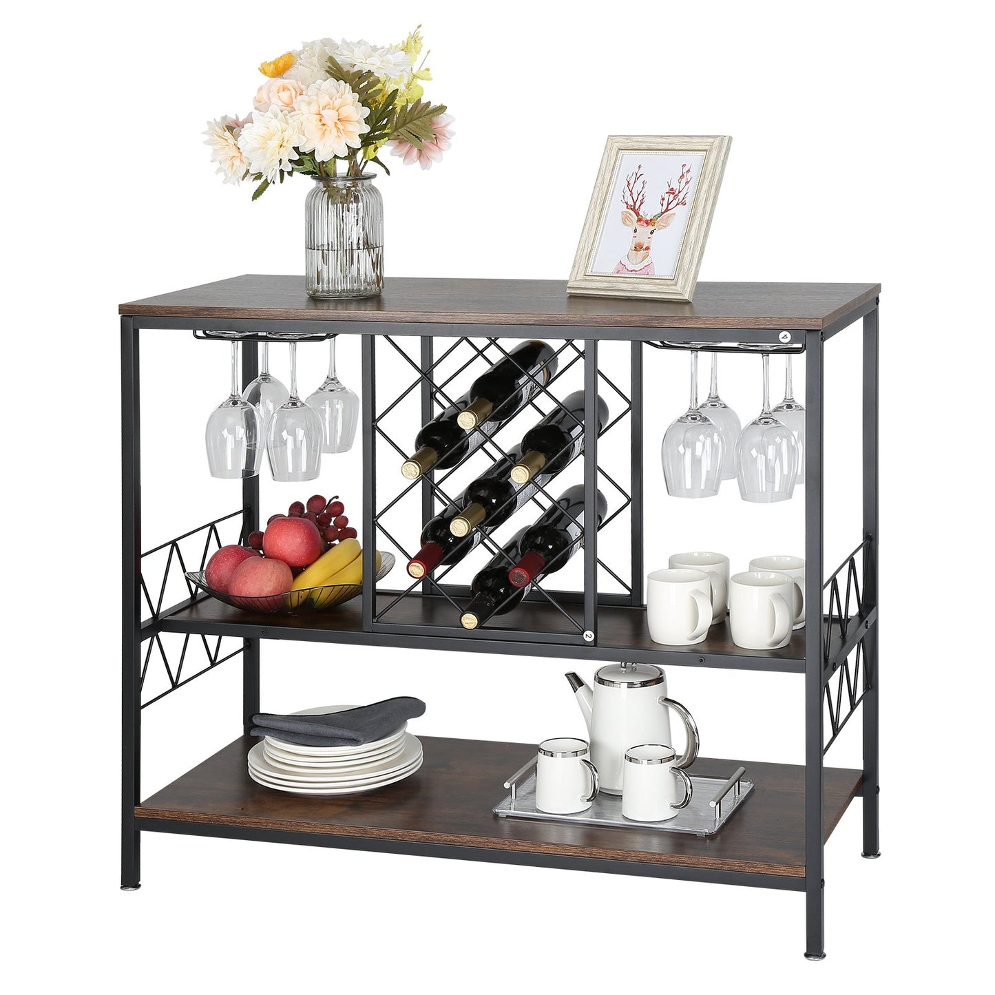 Industrial Bar Cabinet with Wine Rack & Glass Holder-1