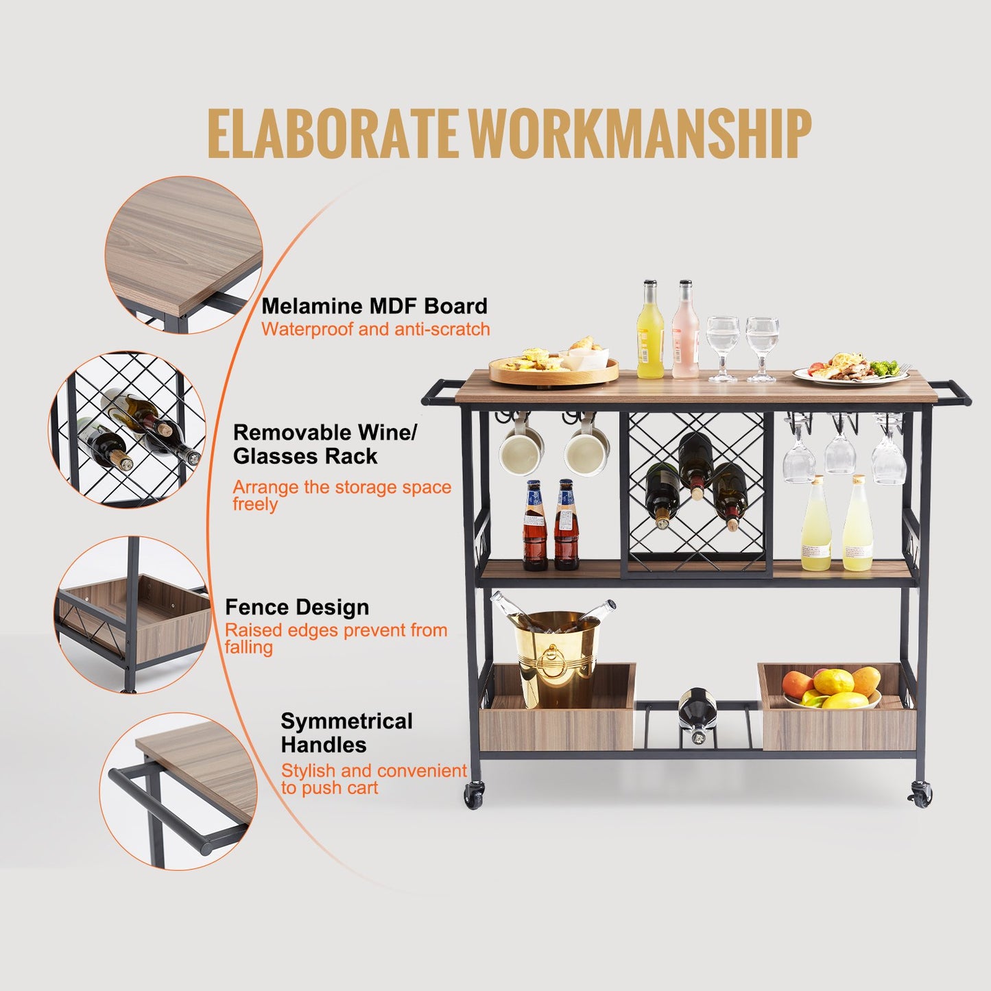 3-Tier Bar Serving Cart Rolling Trolley -3