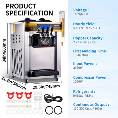 Commercial Ice Cream Maker, 22-30L/H Yield, 2350W-5