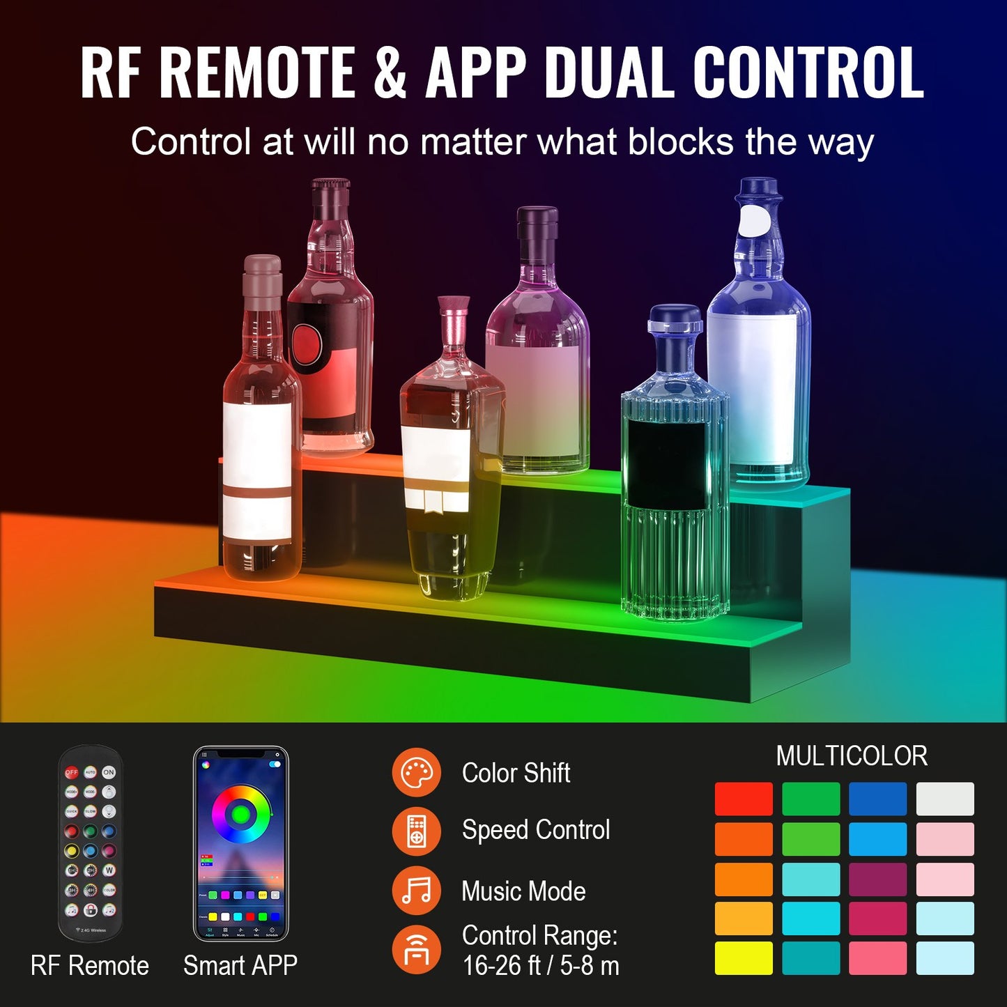 LED Lighted Liquor Bottle Display Bar Shelf RF & App Control 24" 2-Step-1