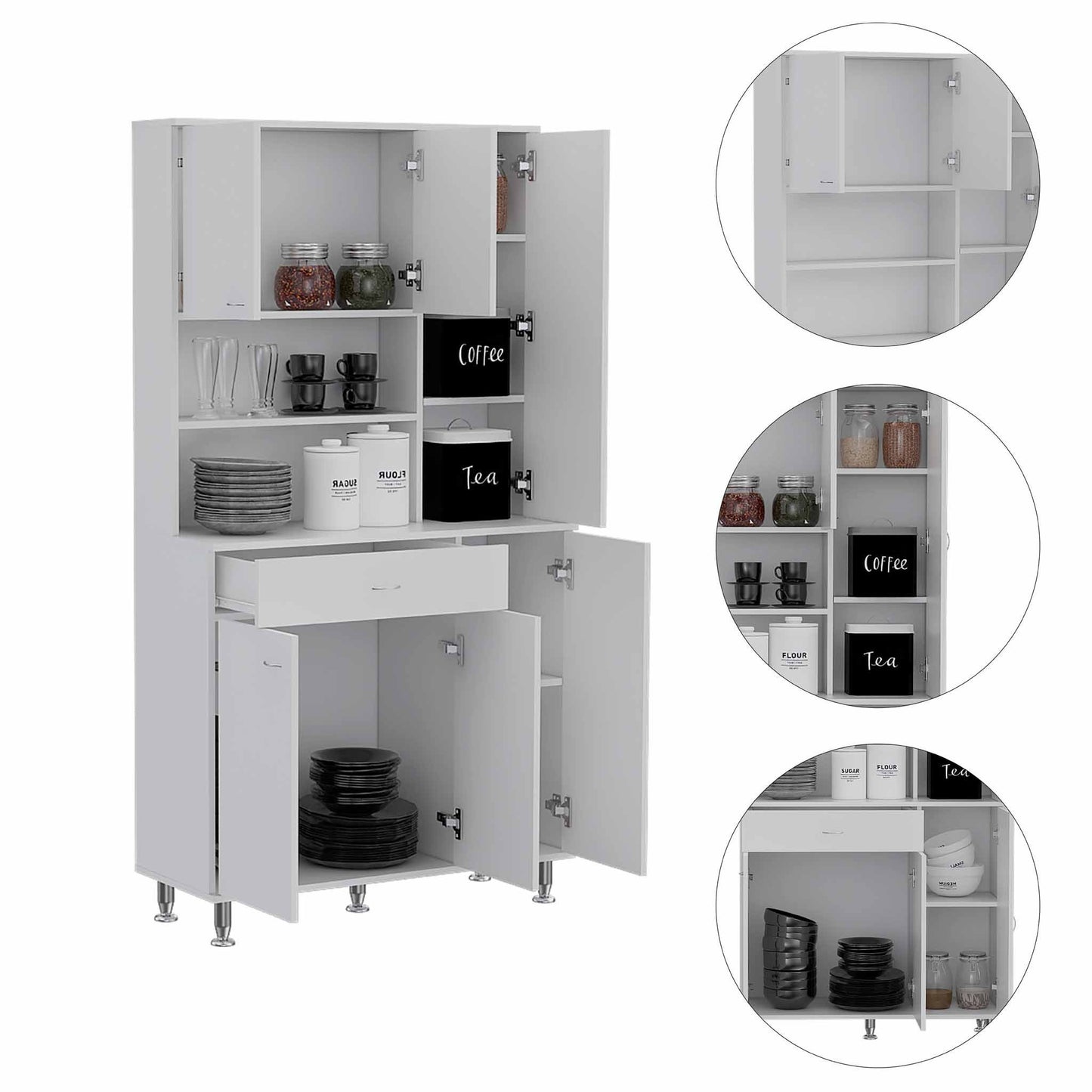 White Pantry Cabinet with Multiple Storage Shelves-4