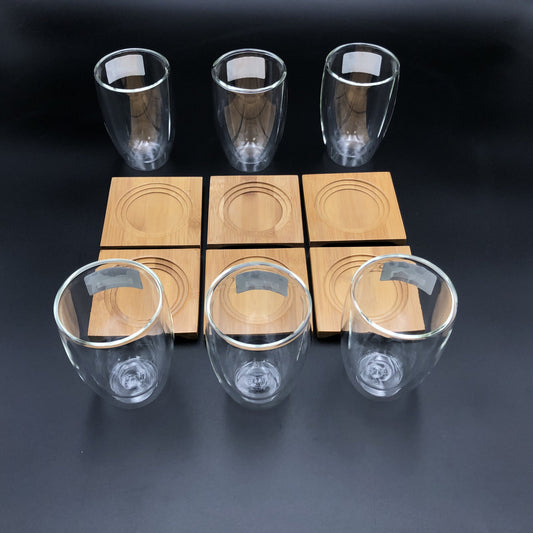 A Set Of 6 Bamboo Coaters/ Trays With 6 Doublewalled Thermo Glasses To Match-0